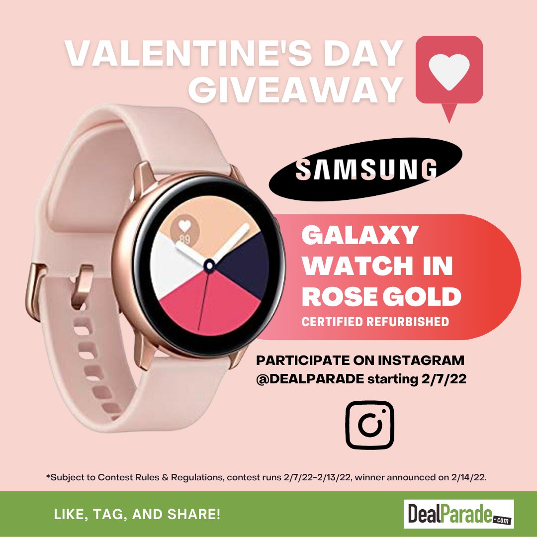 DealParade's tweet image. Hey DEALPARADE fam, we're excited to announce our first #Giveway - a Samsung Galaxy Watch in Rose Gold. But you have to follow us on Instagram to  find out how to win. #valentinesday #smartwatch #samsung #giveaway