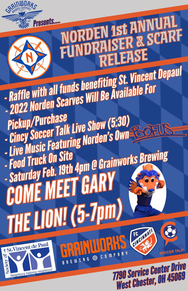 Norden_SG's tweet photo. Come join us Feb 19 at @GrainworksBeer from 4-10 for a fun evening of @cincysoccertalk , @GaryFCCLion and a loaded auction with 100% of proceeds going to @SVDPcincinnati as well as 10% of beer sales! Norden’s own @BofusRocks will be playing from 7-10 p.m. 🔶🔷⚔️🔥🍺 https://t.co/9IHDrVFo8k