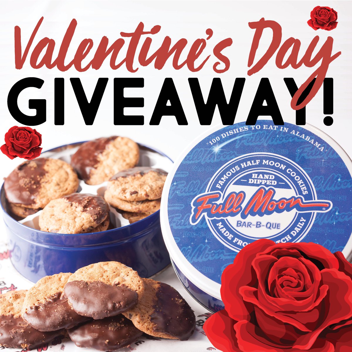 FullMoonBBQ's tweet photo. Calling all the lovers out there… Enter to WIN a Half Moon Cookie Tin + a Dozen Roses for VALENTINE’S DAY! 
1. Like this tweet 
2. Retweet
3. Follow us on Twitter https://t.co/l8arIEFyEj