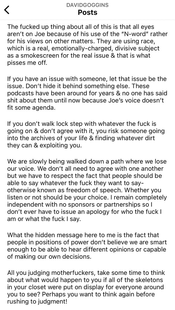 David Goggins sees what’s at stake, and unlike too many others, refuses to give the mob one inch in the Joe Rogan attack. 

This is an agenda. No one is really offended by those podcasts. 

Never bow down.