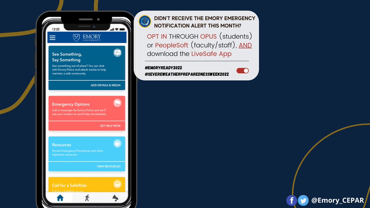 EMORY_CEPAR's tweet photo. It’s Severe Weather Preparedness Week in GA! Opt into Emory’s emergency notification alerts and build your campus emergency kit. Follow CEPAR for more preparedness tips throughout the week. #EmoryREADY @NWSAtlanta @EmoryUniversity https://t.co/ELUCUwhqlQ