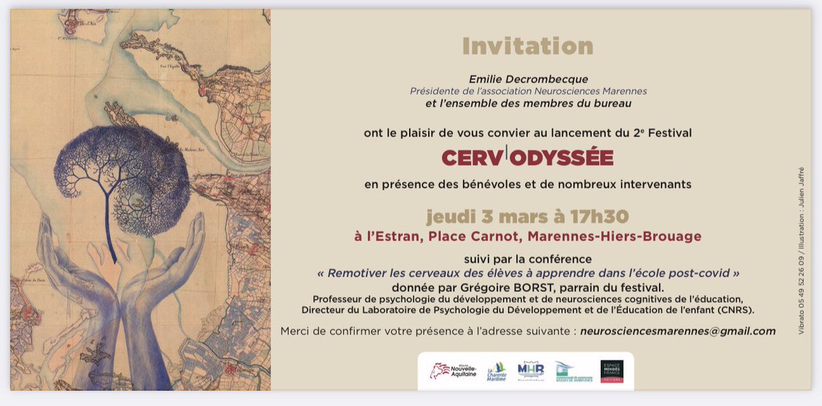 CervOdyssee's tweet photo. A vos tablettes : lancement du festival #cervodyssee jeudi 3 mars 2022 à 17h30 à l'Estran à @MarennesHB suivi de la conférence « Remotiver les cerveaux des élèves à apprendre dans l’école post-covid » de Grégoire BORST, du @lapsyde, parrain du festival. https://t.co/00CzImu44J