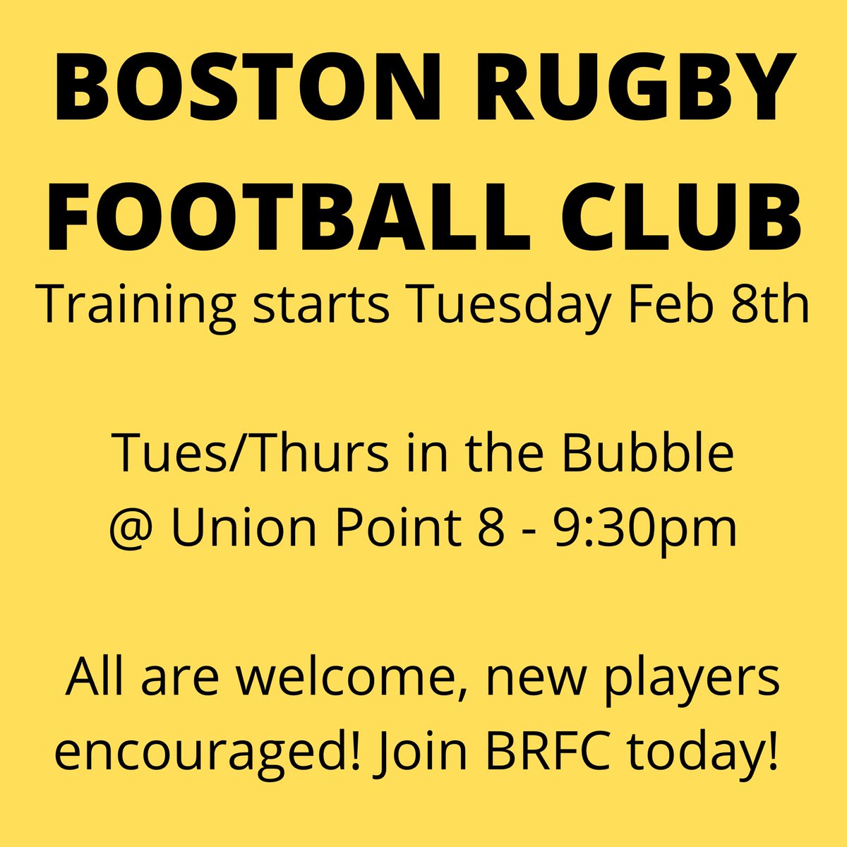 So it begins! BRFC starts training Tues 2/8 in the <a href="/UPSportsPlex/">Union Point Sports Complex</a> bubble, 8-930pm!

All are welcome, no experience necessary - we have a full schedule for both our A&amp;B sides in the run up to playoffs, so plenty of rugby to go around! 🏉🔥 #DefendThePoint

Questions? Shoot us a DM!