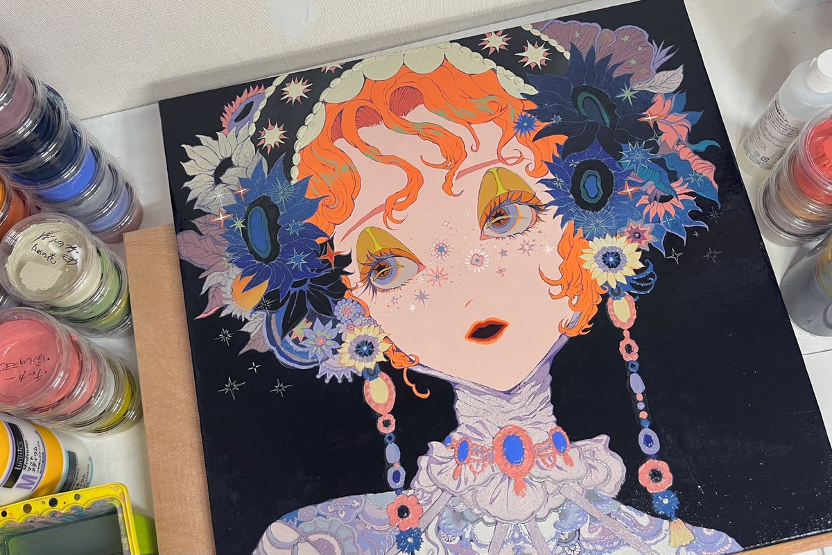 1girl solo traditional media flower orange hair portrait jewelry  illustration images