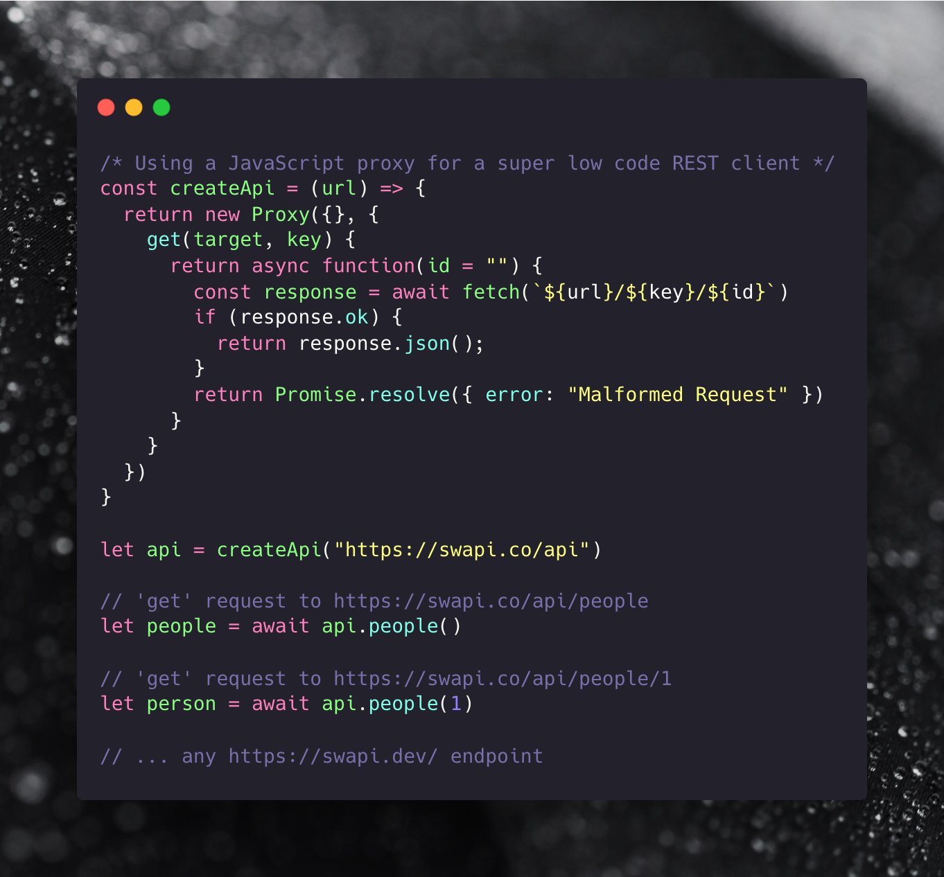 David Wells on Twitter: "This REST client via JavaScript proxy is beautiful  code: https://t.co/ZxULRuaePq via: @DipsausDennis https://t.co/ibR0sqs4YN  https://t.co/CmWo1i1Unj" / Twitter