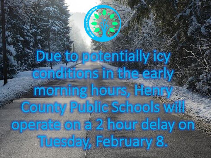 hcps_va's tweet photo. Due to potentially icy conditions in the early morning hours, HCPS will operate on a 2 hour delay on Tuesday, February 8. https://t.co/ERupFD7WJD
