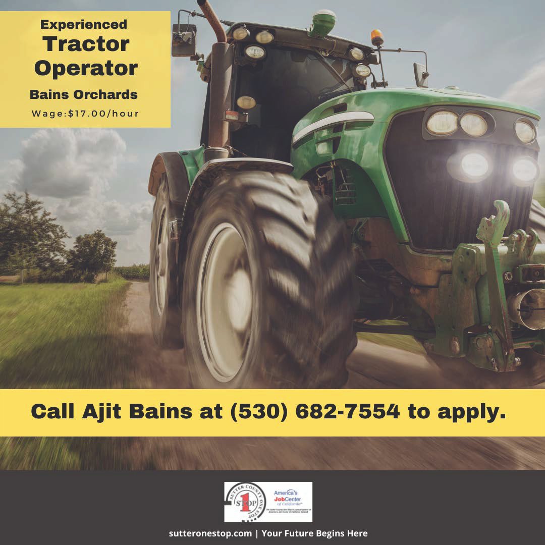 sutteronestop's tweet image. A local agricultural company is currently seeking to hire an experienced Tractor Driver for spraying, mowing, harvesting, etc.  #Jobs #TractorOperator #SutterCountyOneStop #JobSearching

Wage: $17.00/hour