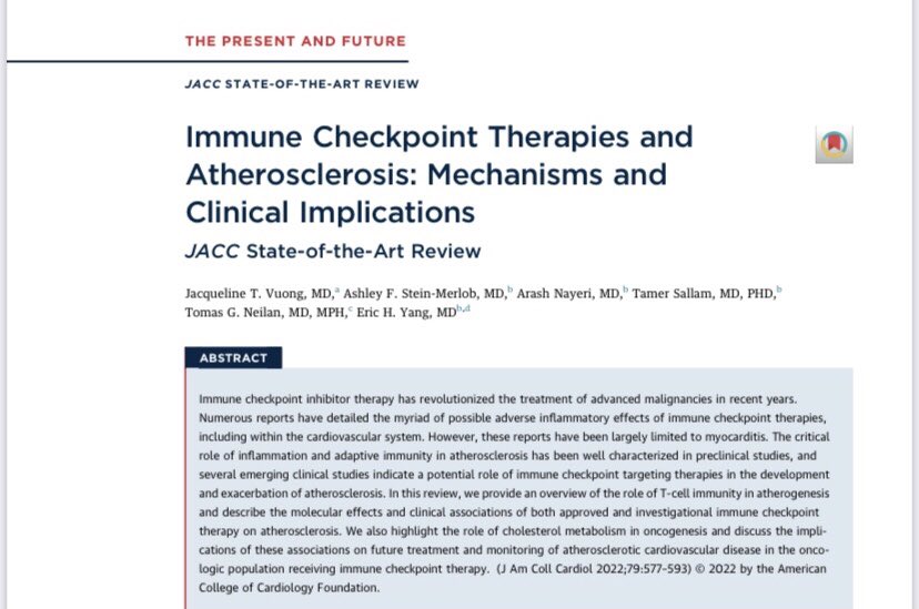 ICI🫀toxicity extends beyond myocarditis. Our review in  @JACCJournals 🔎s into the role of immune checkpoint targets in #atherosclerosis & #ASCVD w/❔implications for countless #cardioonc pts! 

🙏🏻@datsunian @A_SteinMerlob @TamerSallamLab @TomasNeilan 

🔗bitly.ws/on2q