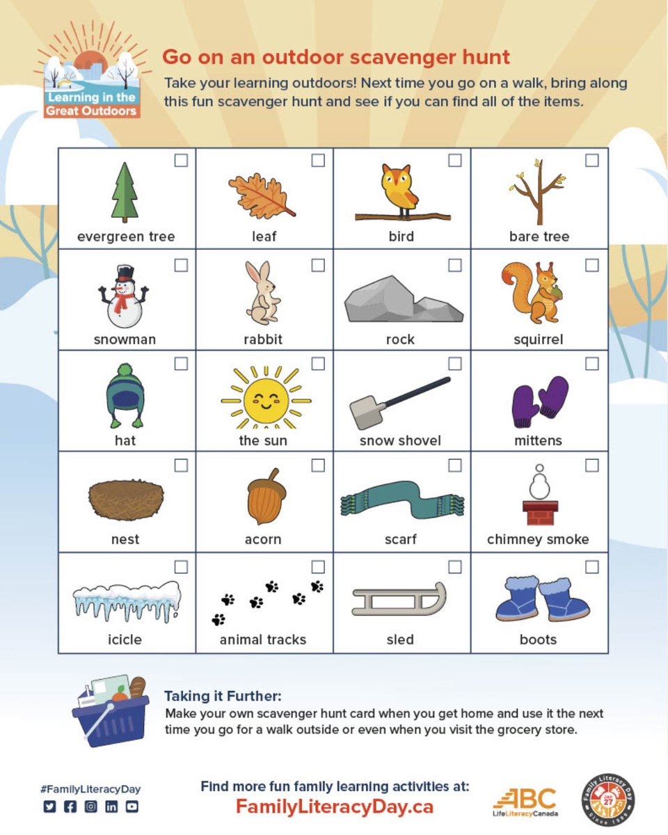 LLBC_Libraries's tweet photo. Family Literacy Day 2022 Theme: Learning in the Great Outdoors Have fun outside and then submit your outdoor scavenger hunt to info@llbcl.ca before Feb. 28th. For other fun activities visit https://t.co/D3NRVOLX8i #FLD #LLBCLibraries #WRP #LLBCTogether https://t.co/2X2mbdxLEc