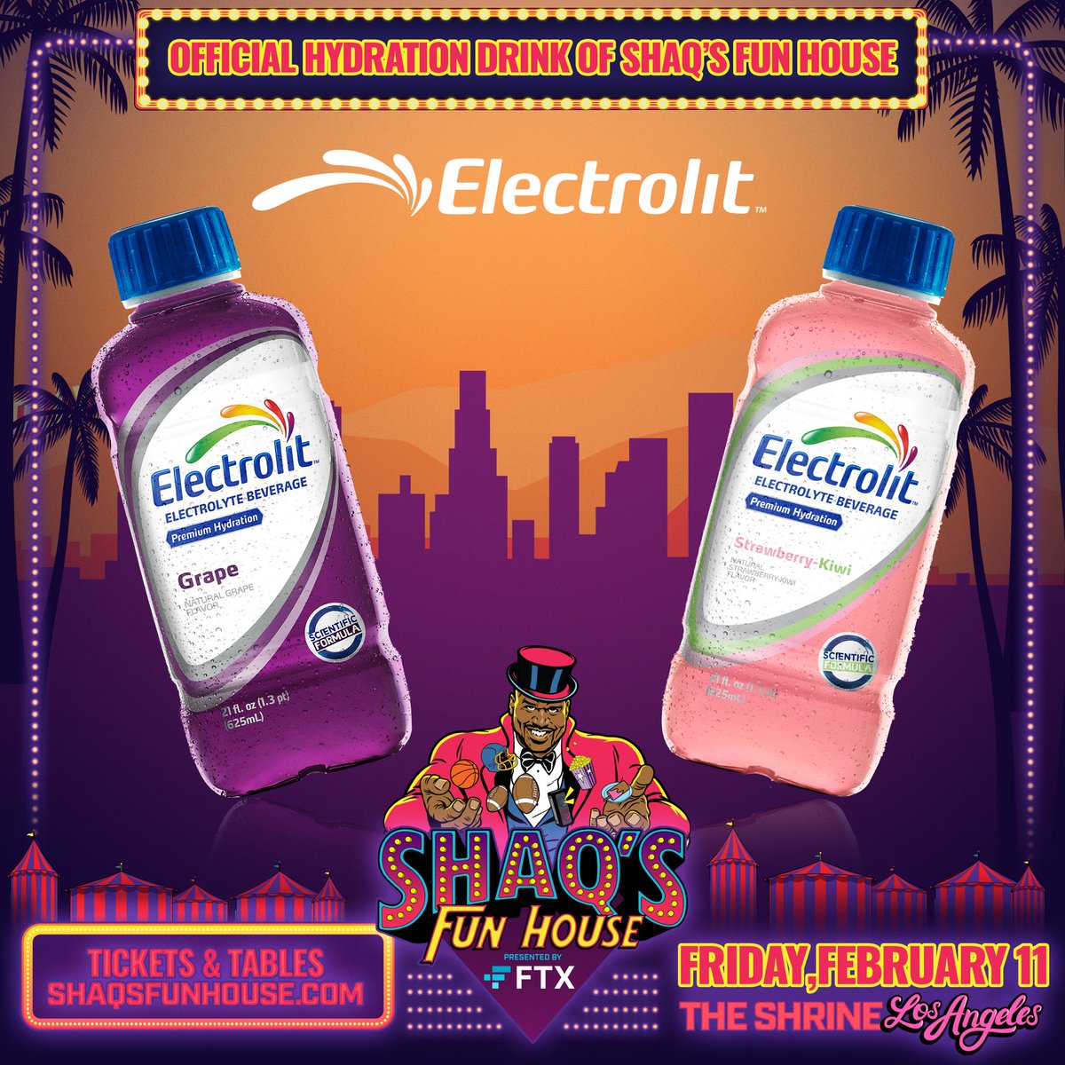 ShaqsFunHouse's tweet photo. #LiveHydrated and party with us for the Big Weekend's Event ๐ of the Year with @electrolitusa. the official hydration ๐งdrink of Shaq's Fun House! Come taste and see Electrolit's Grape ๐ and Strawberry-Kiwi ๐๐ฅ featured flavors. Electrolytes never tasted better! https://t.co/YQJwv9IjS6