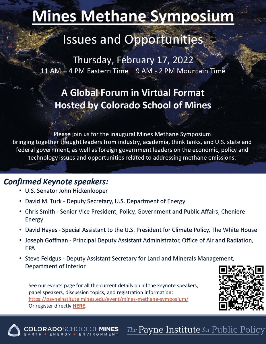 We are hosting a major event on methane emissions <a href="/payneinstitute/">The Payne Institute</a> <a href="/coschoolofmines/">Colorado School of Mines</a> next week. 

It will include keynotes from <a href="/turkdm/">Dave Turk</a> of <a href="/ENERGY/">U.S. Department of Energy</a> , Chris Smith of <a href="/Cheniere/">Cheniere Energy Inc.</a>, and <a href="/SenatorHick/">Senator John Hickenlooper</a>!

It is virtual and you are all invited: