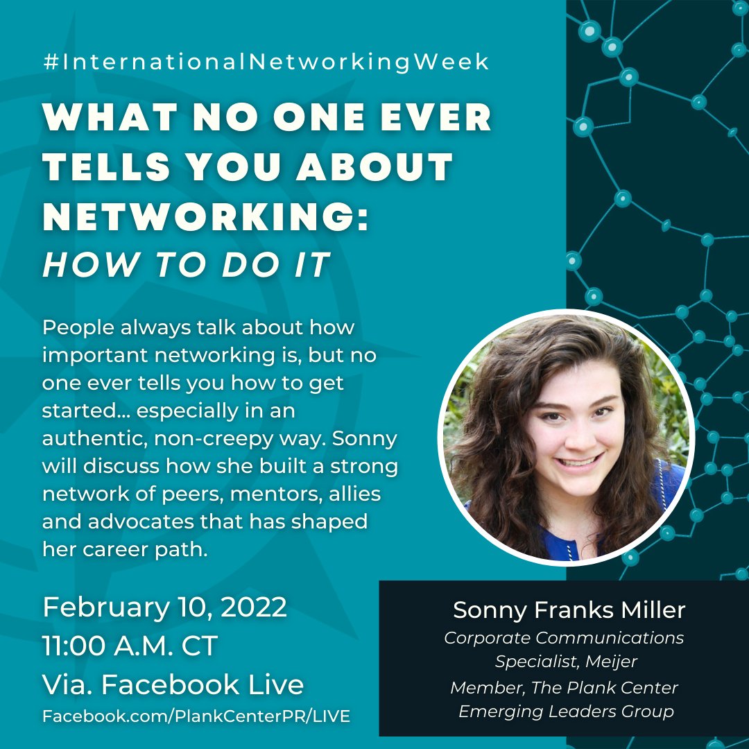 The Plank Center (@plankcenterpr) on Twitter photo Join us and <a href="/SonnyFranks/">Sonny Franks Miller</a> as we celebrate #InternationalNetworkingWeek! Tune in for our latest webinar: What No One Ever Tells You About Networking: How to Do It!
đ
Thursday, February 10
đ 11 a.m. CT
đFacebook Live: ow.ly/zFny50HOGzw Join us and <a href="/SonnyFranks/">Sonny Franks Miller</a> as we celebrate #InternationalNetworkingWeek! Tune in for our latest webinar: What No One Ever Tells You About Networking: How to Do It!
đ
Thursday, February 10
đ 11 a.m. CT
đFacebook Live: ow.ly/zFny50HOGzw