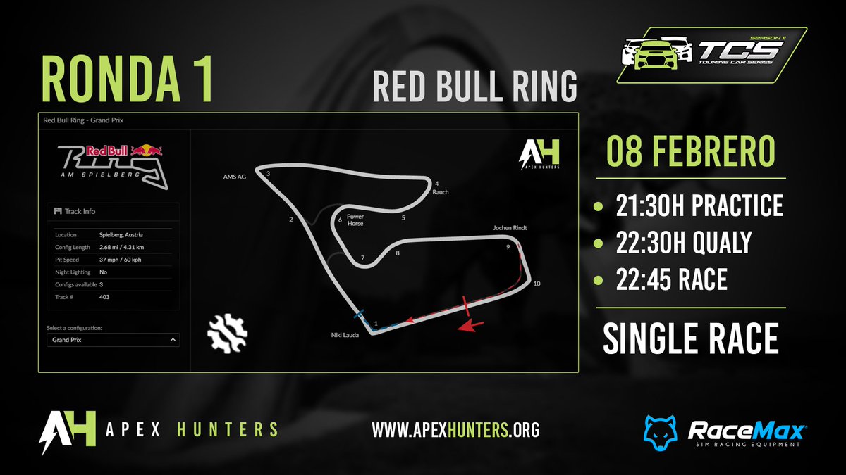 Arranca el #TCSERIES

Esta noche, a partir de las 22:00h, llega la prueba inaugural del campeonato en Red Bull Ring.

Síguelo en directo en twitch.tv/apexhunterstv con <a href="/JaviviQuilon/">Javier Quilón</a> en cabina.