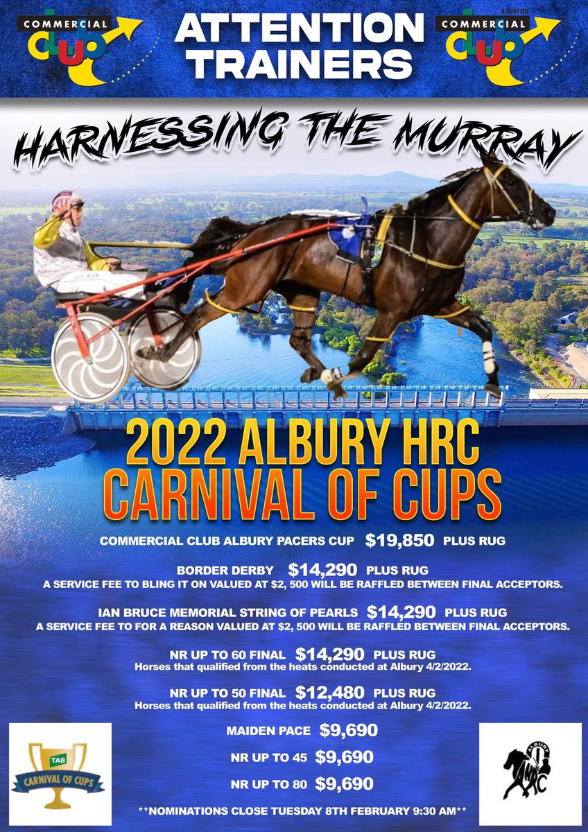 albury_hrc's tweet photo. Nominations for our Carnival of Cups meeting have been extended until 1pm today. Great prizemoney on offer. Don’t miss out! https://t.co/HO7T87JxlI