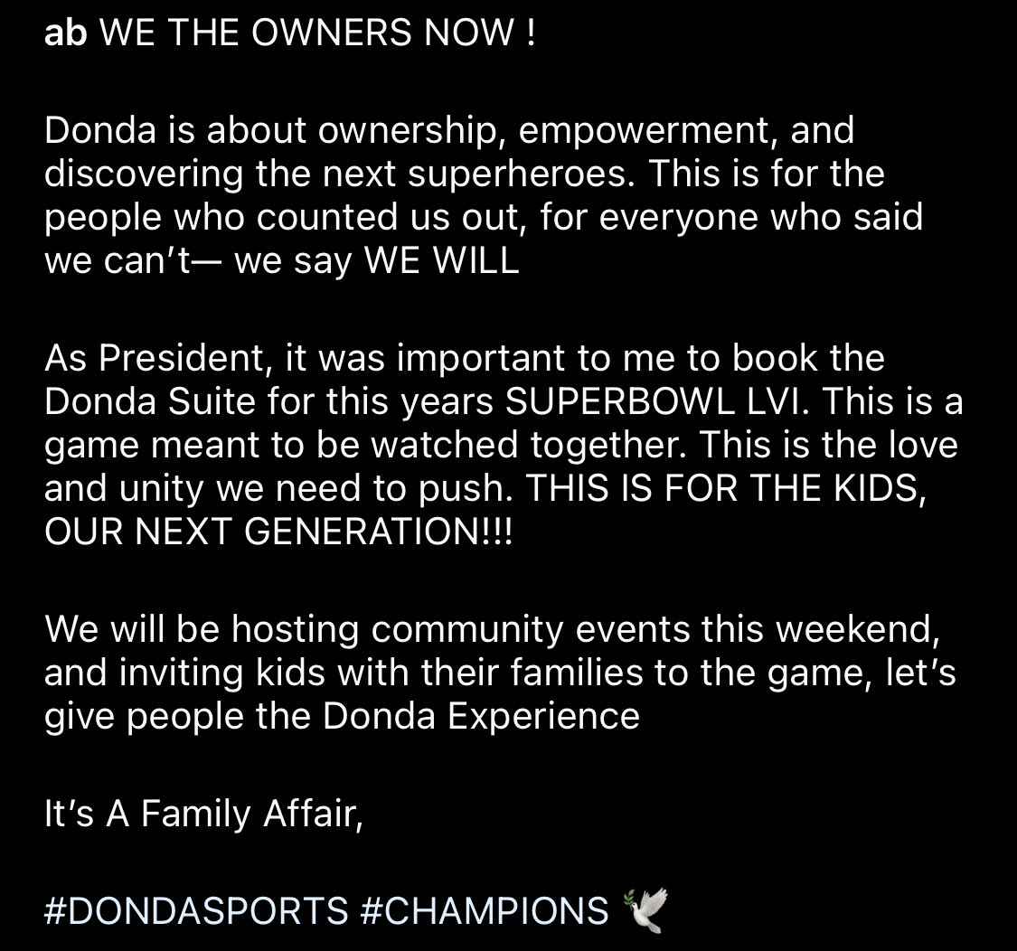 parisaintshop's tweet image. Antonio Brown, president of Donda Sports, has announced that Donda has purchased the Owners Suite for the #SuperBowl to invite kids with their families to the game and give people the "Donda experience".