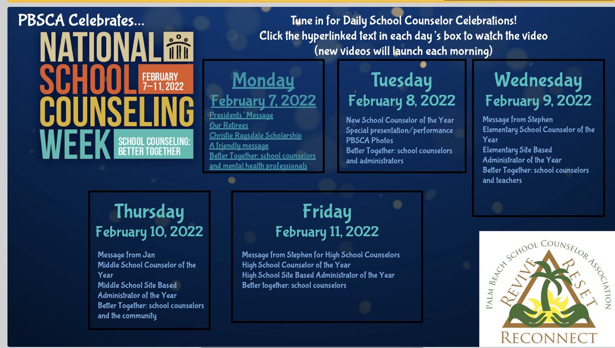 Follow our Virtual School Counselor Celebration this year. It is our year to “Revive, Reset, and Reconnect!” #NSCW2022 <a href="/ECMSLeatherman/">Janell Leatherman</a> <a href="/PBSCD/">PBCSD</a>
