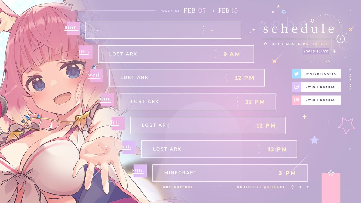 WishingAria's tweet photo. ✨ 02 . 07 - 02 . 13 ✨
✧ Tue-Sat - Lost Ark 💦 (but I will replace some of these with art streams as I go) [9 am/12 pm]
✧ Sun - Minecraft [3 pm]
#wishlive https://t.co/adVpX9PuYr