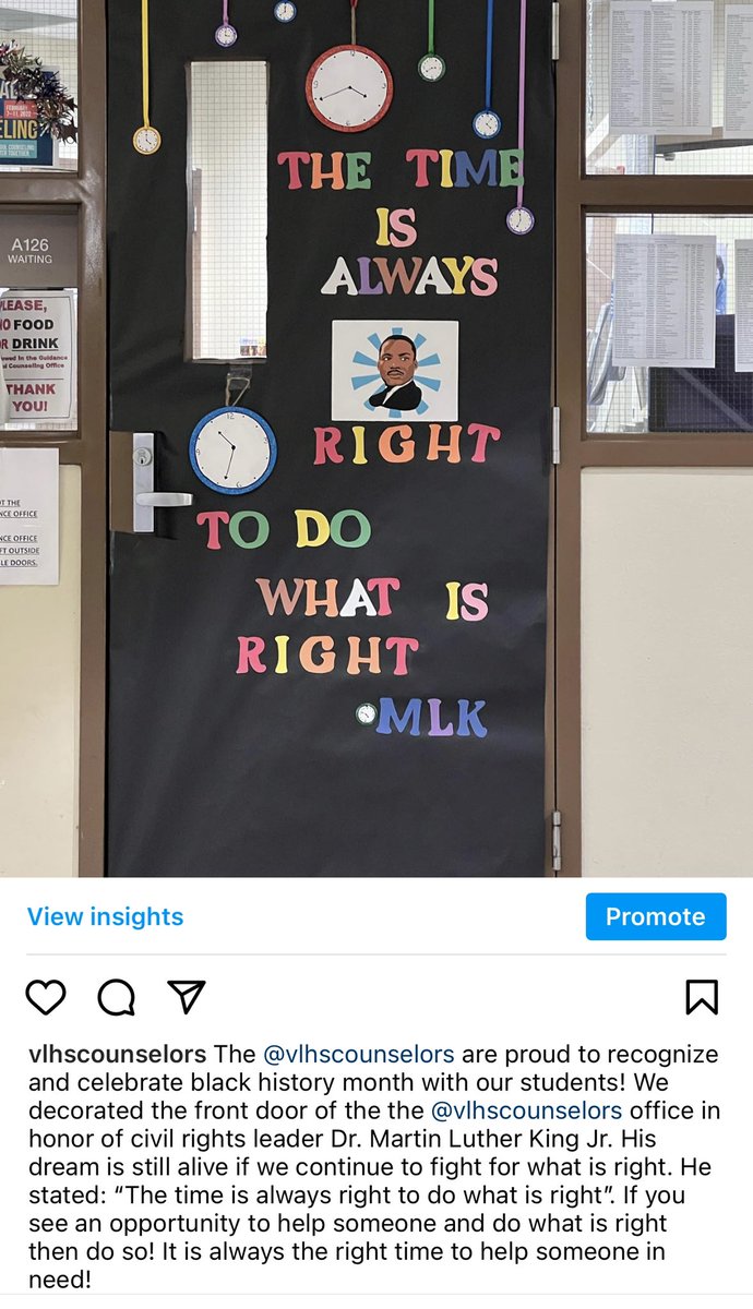The <a href="/VDLcounselors/">Vista del Lago Counselors</a> are proud to celebrate #BlackHistoryMonth with our students. Remember: “The time is always right to do what is right”! If you see some that needs your help then do what is right and help them out! <a href="/VDLHSRavens/">Vista Del Lago MVUSD</a> <a href="/MorenoValleyUSD/">Moreno Valley USD</a> @VDL_Principal @VDL_AP_STEPH