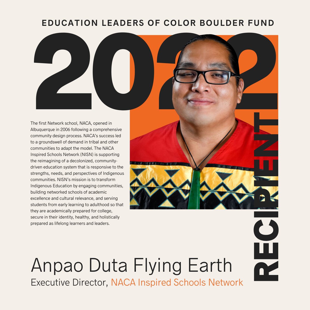 Congrats, NISN Executive Director, Anpaoduta Flying Earth on receiving the Education Leaders of Color Boulder Fund! The multi-million dollar grant program supports initiatives focused on improving life outcomes for children of color across the country. #EdLoC2022