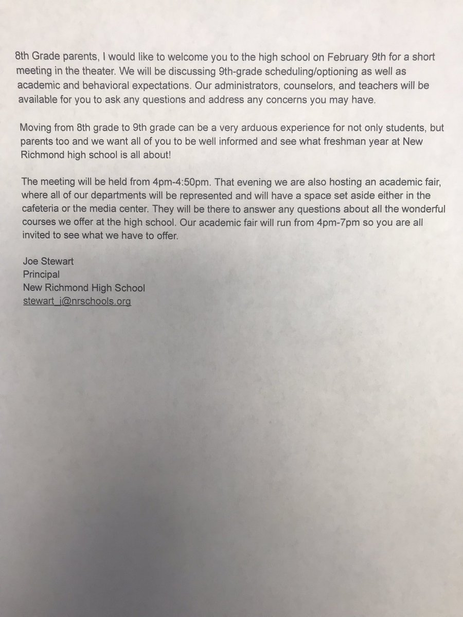 Academic Fair at the High school for incoming 9th graders - see details below. <a href="/NREVSD/">New Richmond EVSD</a> <a href="/NRMiddleSchool/">Court Lilly</a>
