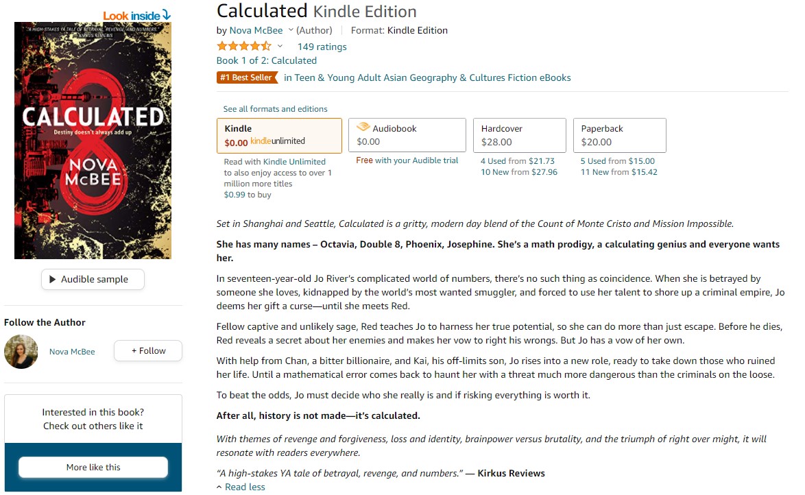 WiseWolfBooks's tweet photo. Congratulations @nova_mcbee! 🎉 #Calculated has achieved #1 Best Seller in Teen &amp; Young Adult Asian Geography &amp; Cultures Fiction eBooks on Amazon. Amazing! 
#book #bookish #CalculatedSeries #yafiction #yabooks #wisewolfbooks https://t.co/RwXpLynnvg