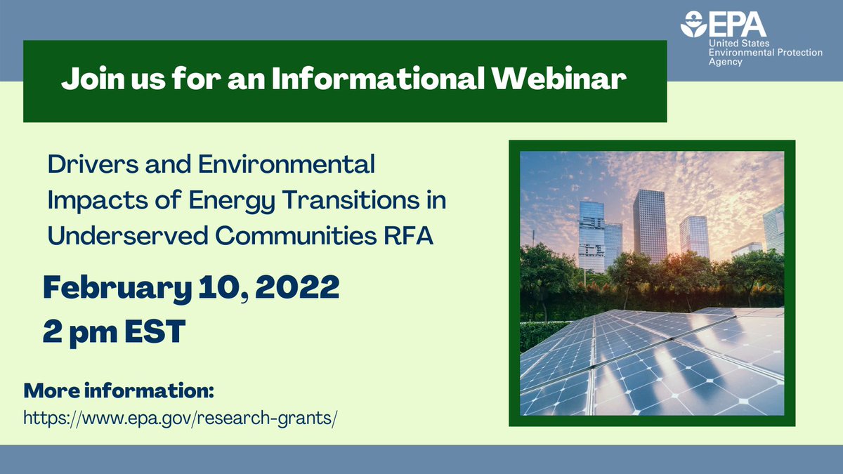 EPARegion10's tweet photo. We are hosting an informational webinar for our Drivers and Environmental Impacts of Energy Transitions in Underserved Communities #EPAstar funding opportunity! 
Join on 2/10 at 11am PT to hear about this new grant opportunity! https://t.co/7mASpHcPuR #EJ #EnvironmentalJustice https://t.co/qvSTcsLA4I