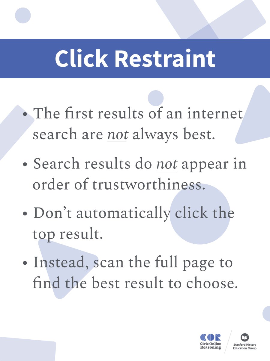 InquiryGroup's tweet photo. To locate higher quality information, professional fact checkers practice click restraint: Before clicking on a search result, they scan the whole page to make a more informed choice about where to go first. 1/2 https://t.co/TfMOWc6475