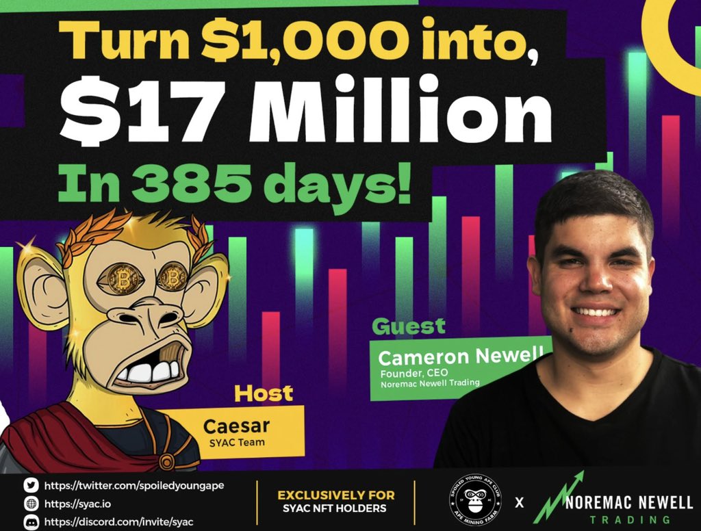 YoungApeClub's tweet photo. It is our pleasure to have Cam join our #SYAC family as SYAC DISTINGUISHED GUEST. We strongly believe EDUCATION will change peoples lives and is one of the utilities we will deliver to our SYAC family(more to come😎). We will host our 1st event with Cam on Feb 14th. Stay Tuned! https://t.co/vyaqHgPxxZ