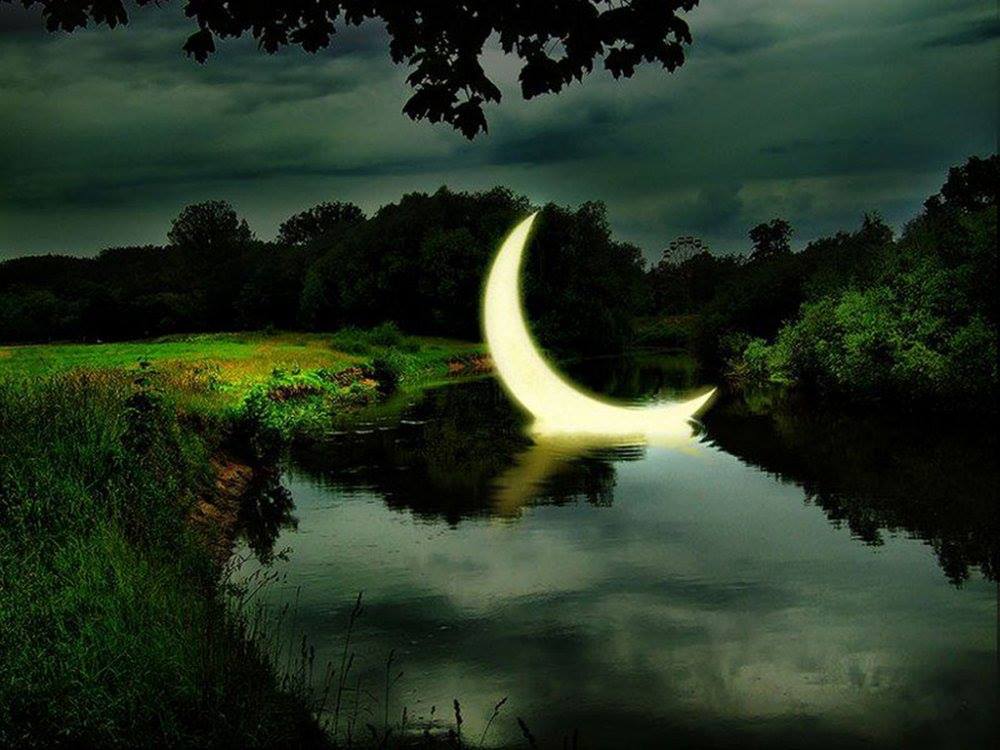 Незабываемый месяц. Месяц над прудом. Лунная ночь. Месяц над рекой. Красивая ночь.