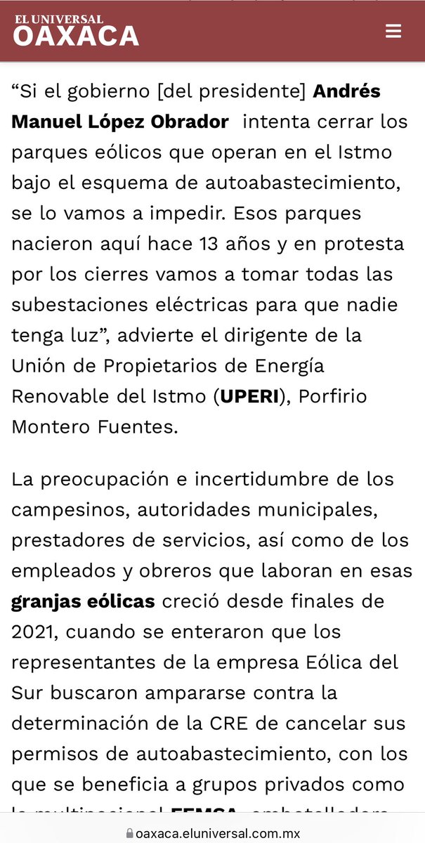 Esto piensa la gente del Istmo de la contrarreforma eléctrica y la amenaza de dejar sin operar los parques eólicos de autoabastecimiento.

Fuente: oaxaca.eluniversal.com.mx/estatal/peligr…