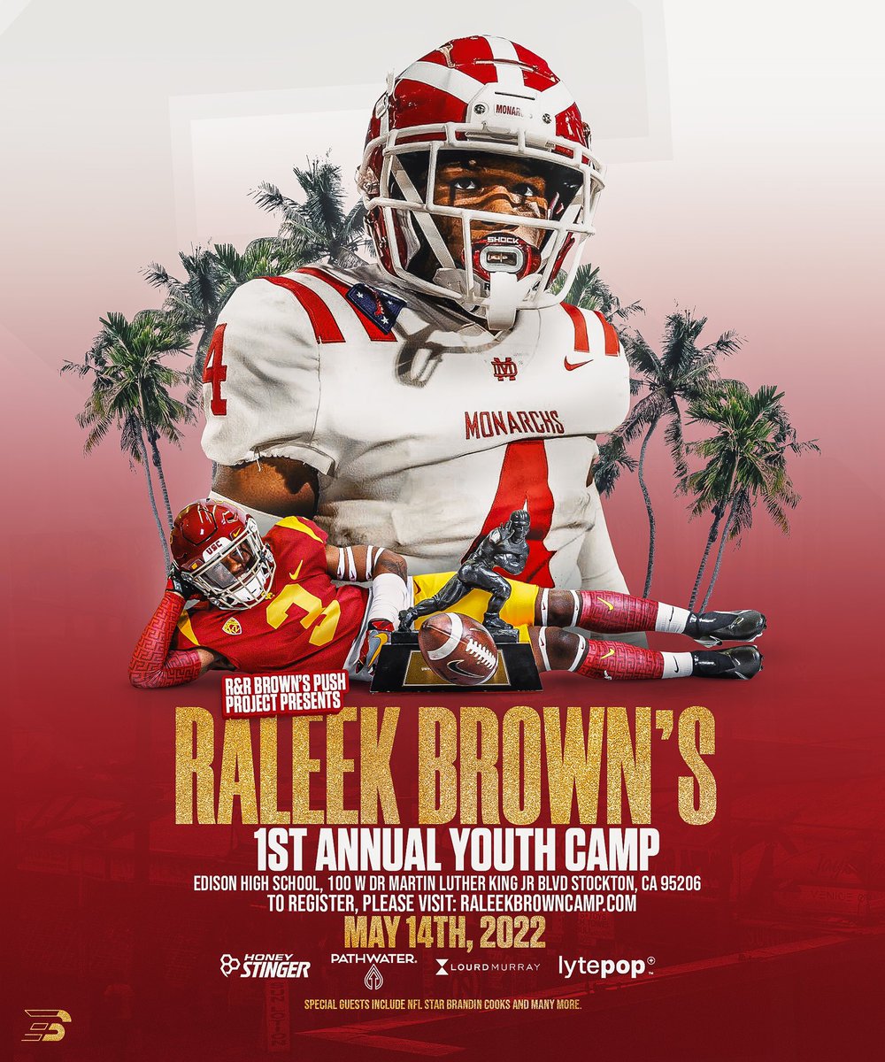 I am excited to announce that my 1st Annual Youth Camp will be on May 14, 2022 in my hometown of Stockton, California. I can’t wait to give back to the community that gave me so much!✌️

Please visit RaleekBrownCamp.com to Register #blessed #ripmyguys 🙏🏾