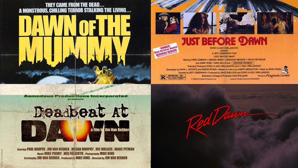 #HorrorFam. What's your favorite 1980s movie with DAWN in the title? Don't be namin' '70s movies 🧐!

Some options:
DAWN OF THE MUMMY (1981)
JUST BEFORE DAWN (1981)
RED DAWN (1984)
DEADBEAT AT DAWN (1988)
#80sHorror #80sAction #80smovies