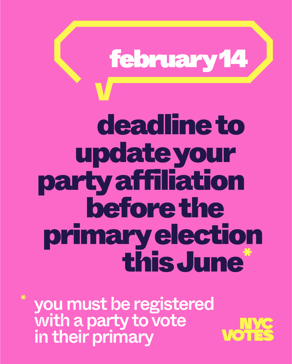 The deadline to change your party affiliation is 1 week away!
 
You must be registered with a political party to vote in their primary elections in June when we'll be voting for Governor, NYS Senate, NYS Assembly, and more.
 
Check your party at nycvotersearch.com