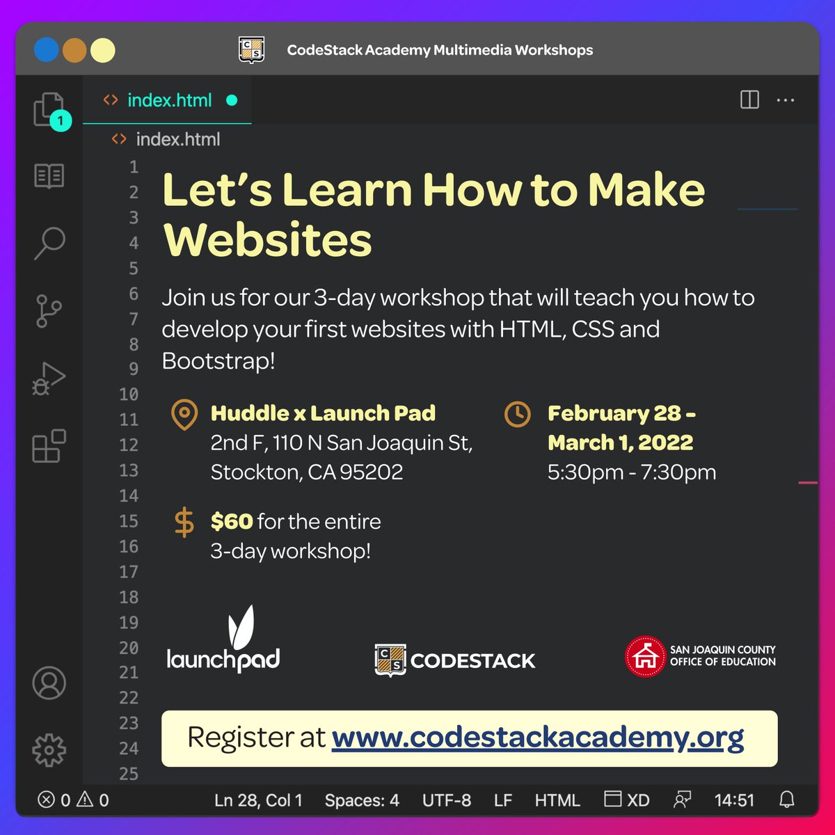 CodeStackStkn's tweet image. CodeStack Academy is excited to announce our 3-night workshop on Learning how to create a Website. Join us at the LaunchPad to learn how to write HTML, CSS and the Bootstrap Framework. Register today at codestackacademy.org #SJCOE #Stockton #Coding
