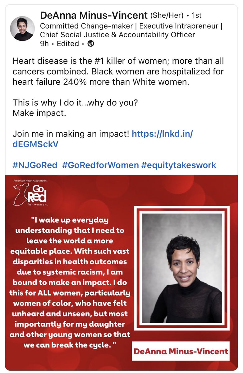 Please join with my colleague, DeAnna, and me and our #WomenofImpact team to support #hearthealth for women and to shed light on the #healthdisparities faced by #womenofcolor. #Donate here: lnkd.in/dwmt3kiy
#equitytakeswork #NJWomenofImpact #healthequity