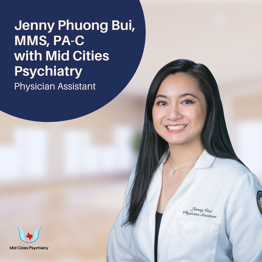 Jenny Bui is a board-certified Physician Assistant, practicing medicine in psychiatry.

Learn more about Jenny here:
https://t.co/fxp6AvHjig

#grapevinetx #texasmentalhealth #texasmentalhealthprofessional #txmentalhealthclinic #therapist #ourproviders #MCP #MidCitiesPsychiatry https://t.co/VhgAT7yJtX