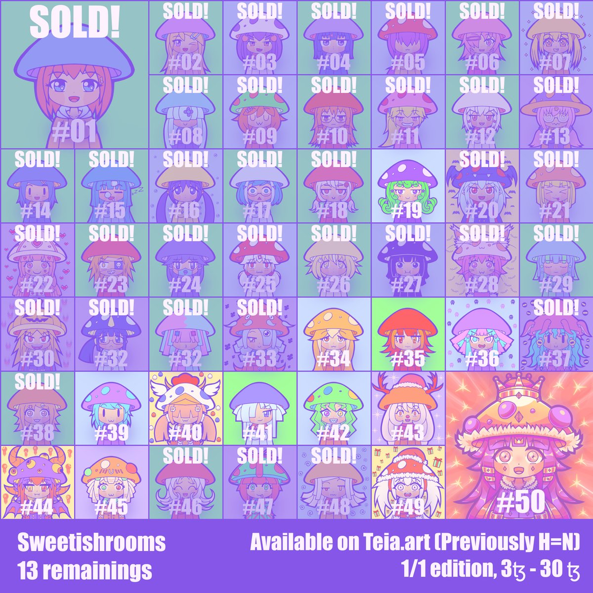 Only 13 #Sweetishrooms remaining now! UwU
Big thank you again for all the awesome collectors! UwU ♥️🍄

1/1 Edition!
3 to 30 $xtz

Available on #teia/#hicetnunc
hic.af/VsioNeithR

#nft #nftcommmunity #hicetnunc2000 #mushroom #chibi #anime #cleannft #cute #animenft #kawaii