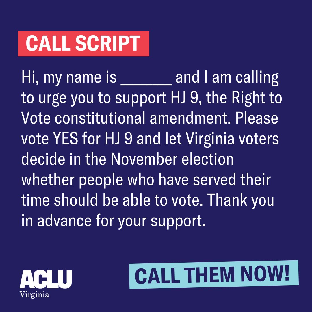 🚨URGENT: The right to vote for more than 250,000 Virginians who have served their time is at stake, and we need your help.

HJ 9, the #RightToVote constitutional amendment, will be heard TOMORROW. Call these delegates NOW &amp; tell them to let the voters decide in November.