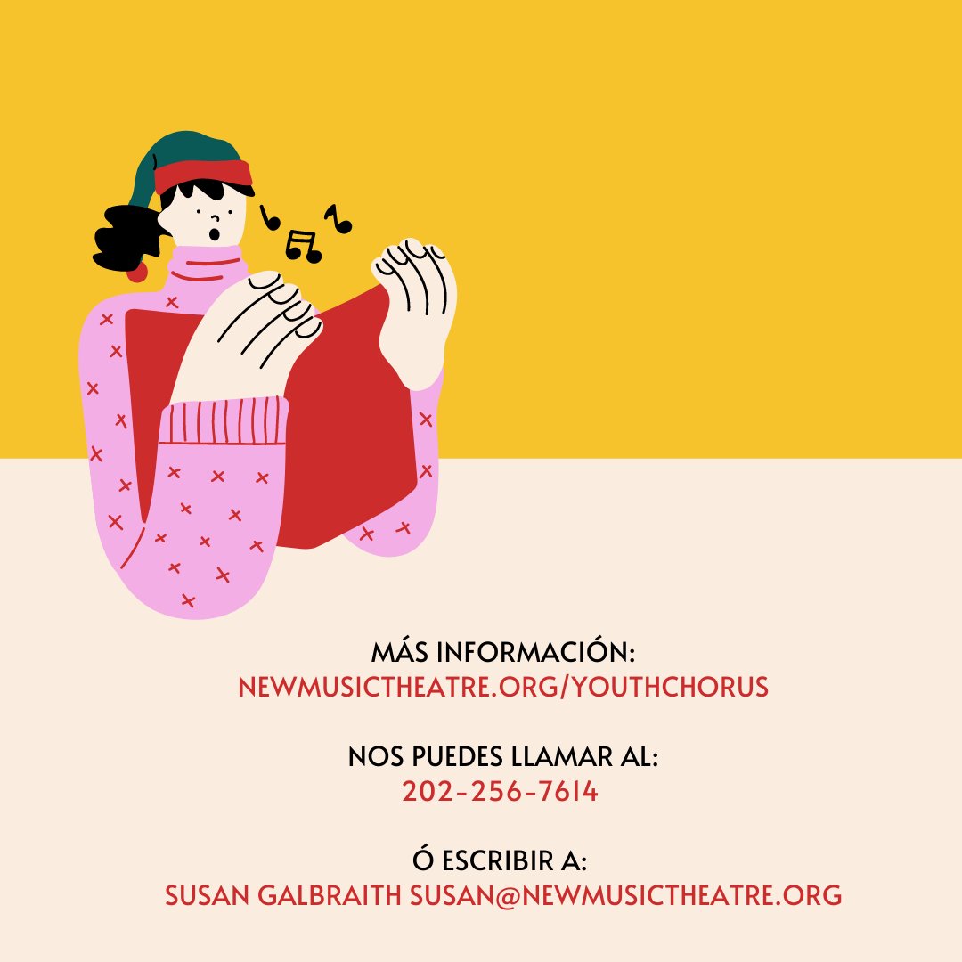 ATENCION! A partir de hoy regresamos y estamos más listos que nunca para cantar y aprender de música, danza y mucho más. Si te interesa - o conoces a alguien que podría participar - comparte este post!

INFO: 202-256-7614 o escribe: 
Susan Galbraith susan@newmusictheatre.org