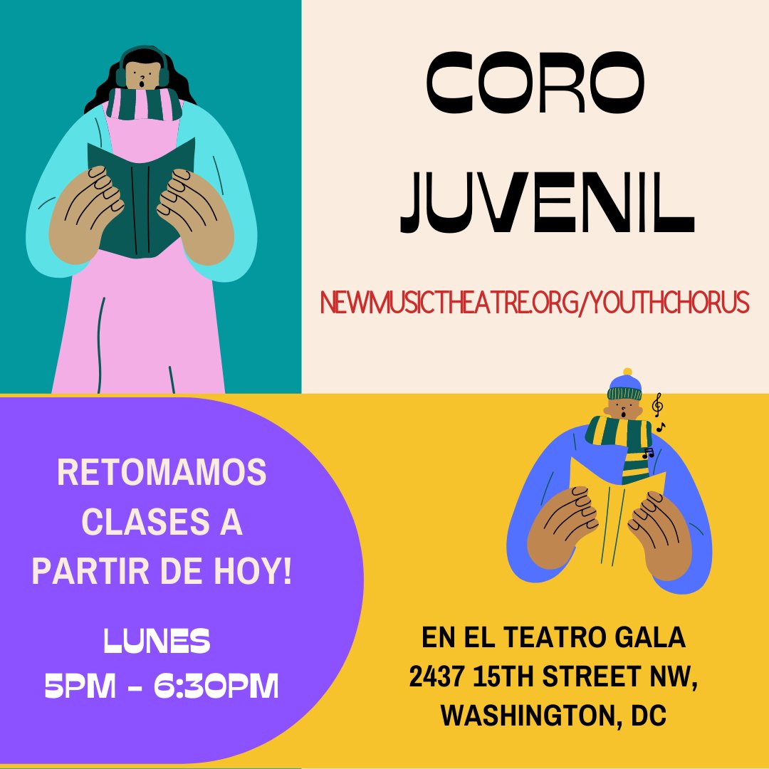 AllianceNMT_DC's tweet photo. ATENCION! A partir de hoy regresamos y estamos más listos que nunca para cantar y aprender de música, danza y mucho más. Si te interesa - o conoces a alguien que podría participar - comparte este post!

INFO: 202-256-7614 o escribe: 
Susan Galbraith susan@newmusictheatre.org https://t.co/oD6zIE68Af