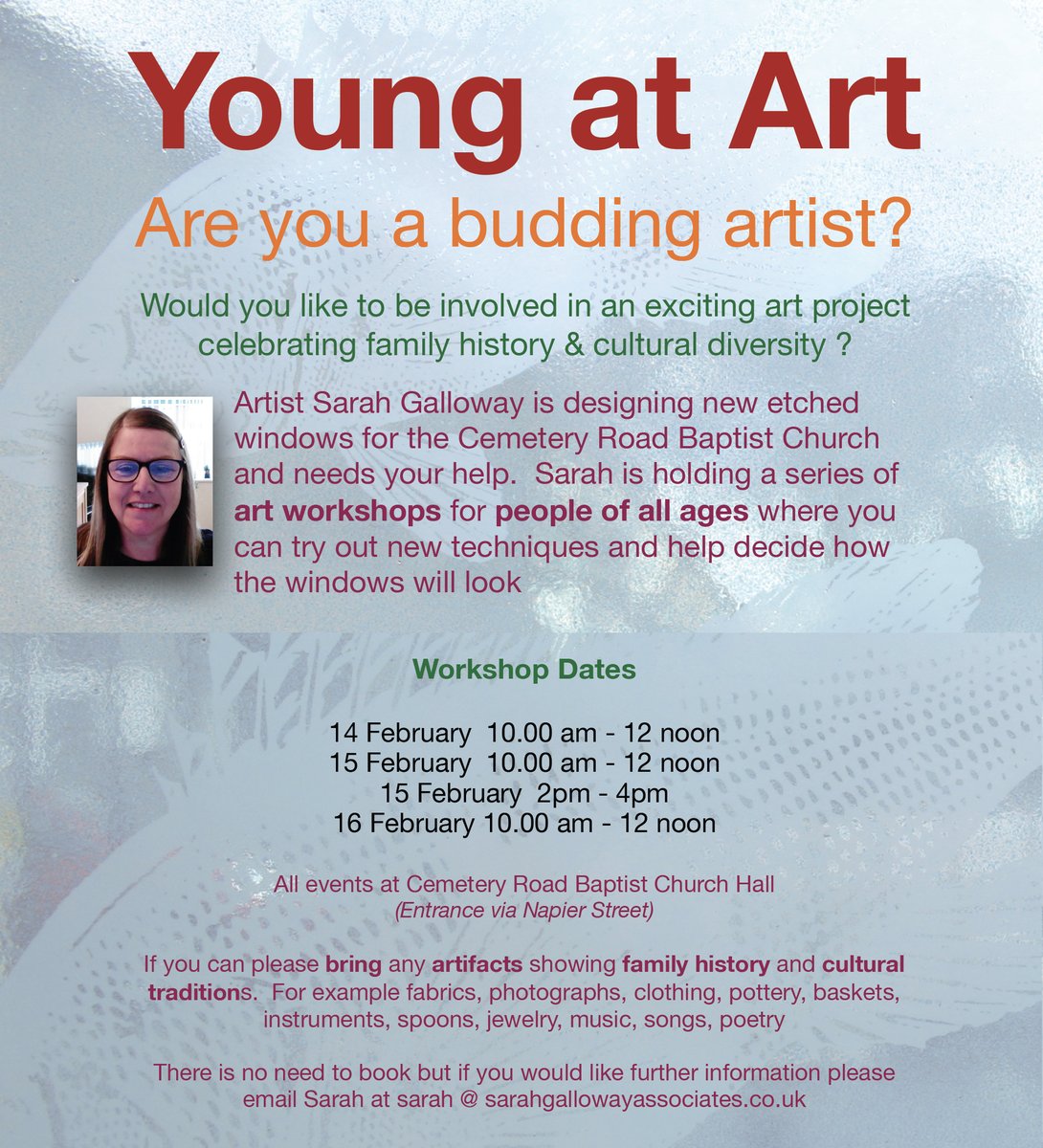 Are you a budding artist in #Sheffield ? I am running FREE art workshops 
<a href="/CemeteryRoad/">Cemetery Road Baptis</a>
 Baptist Church 14-16 February for ALL AGES to help design new etched windows. No need to book but if you would like more information please contact me at sarah@sarahgallowayassociates.co.uk