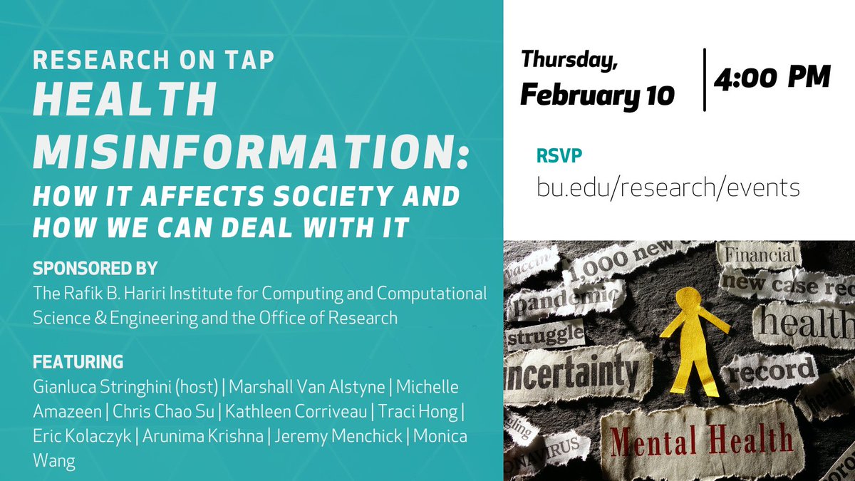 This Thursday, join @BostonUResearch and @BU_Computing as BU faculty share their research to understand and mitigate #HealthMisinformation. Hosted by @gianluca_string (@BU_ece @BUCollegeofENG).

RSVP for this virtual #ResearchOnTap: bu.edu/research/featu…