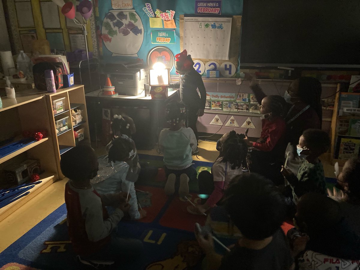 dmenefee18's tweet photo. Last week after learning about groundhogs and shadows. We created a puppet show by using the shadow of a puppet they created. https://t.co/xHDnXtoxWX