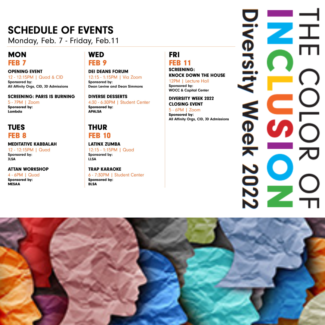 Welcome to Diversity Week 2022: The Color of Inclusion! We are so excited to kick off this week with you all. Our opening event starts at 12:00 p.m. today via zoom. 

If you have any questions or need any zoom links to participate in these events, please feel free to contact us a