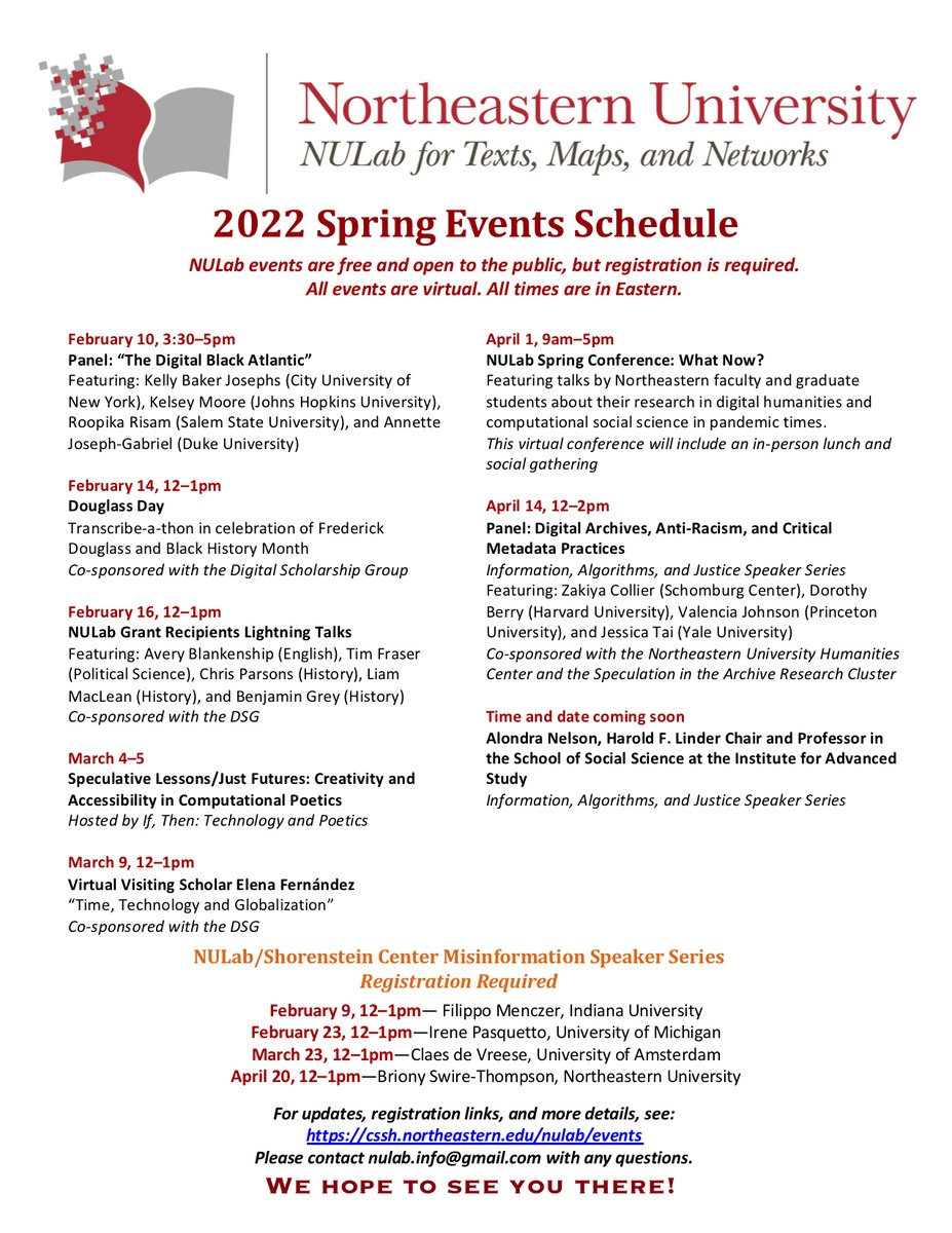 The schedule for NULab's spring events is here! Please join us for some great conversations featuring a range of captivating guests! All events are virtual, and registration is free and open to the public! Check the dates here: cssh.northeastern.edu/nulab/spring-2…