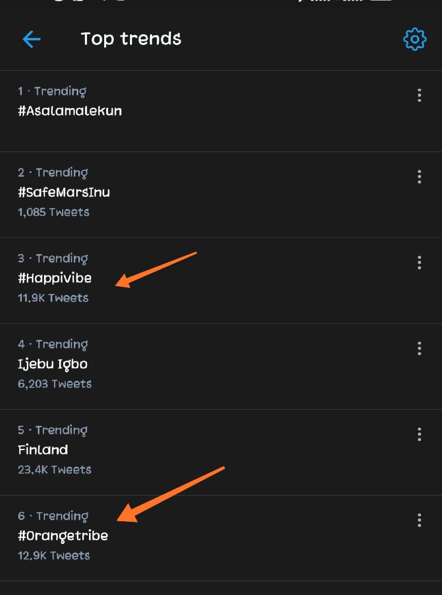 Chukwvma's tweet photo. #Happivibe &amp; #OrangeTribe
Are trending at Number 3 &amp; 6 in Nigeria right now! 

Don't ever mess with my community! 

They are an army! 💪😁 https://t.co/qbRGA99dRQ