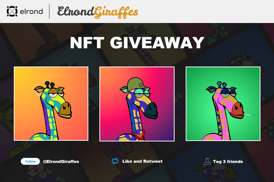 ElrondGiraffes's tweet photo. 🚨NFT GIVEAWAY🚨

The first giveaway is here, 3 FREE @ElrondGiraffes are coming to you!

How to enter? 👀
⚡️Follow @ElrondGiraffes 
⚡️Retweet and Like
⚡️Tag 3 friends 

⏰We'll select winners in 24 hours

#ElrondCommunity #NFTGiveaway #NFTs #NFTLAUNCH https://t.co/u5nRgwCRwS