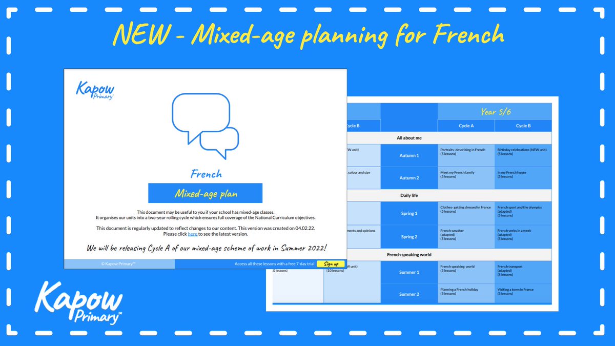 kapowprimary's tweet image. Do you teach French to a #mixedageclass? 

This long-term plan is for schools teaching French to mixed-age classes and outlines our upcoming mixed-age French scheme of work.  👉 bit.ly/3ut4YeF

#mfltwitterati #MFLchat