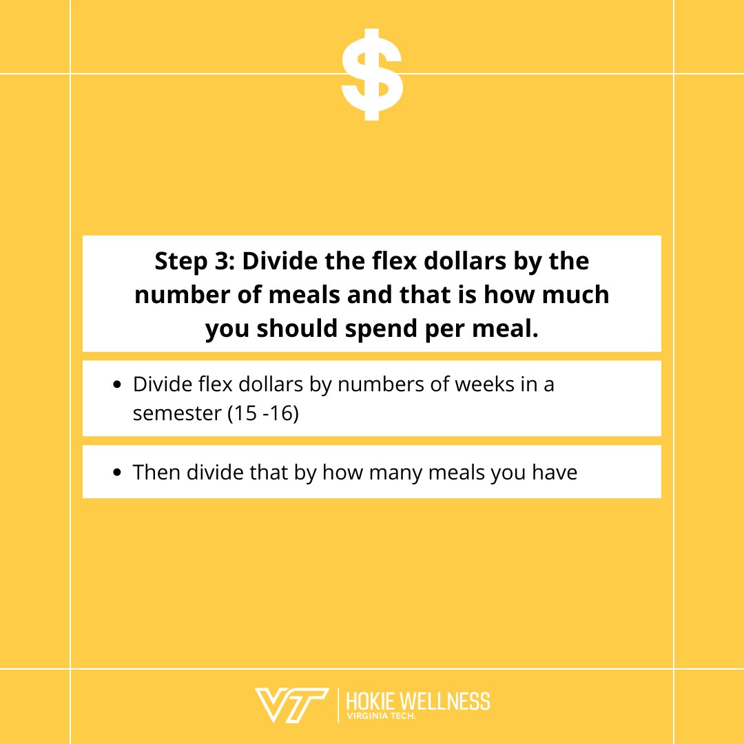 HokieWellness's tweet photo. Having trouble managing your dining dollars? Check out our tips to make sure you can enjoy a whole semester of food, not just a week!🤑

@hokiedining #budget #flexdollars #hokies https://t.co/k6NLF7blFp