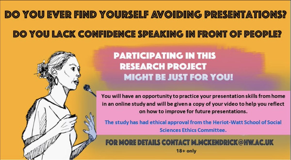 Do you ever find yourself avoiding making presentations or lack confidence in speaking in front of people? If you do then we might have the perfect research project for you to take part in. <a href="/HWPsych/">Psychology at Heriot-Watt</a> <a href="/CABS_HeriotWatt/">Centre for Applied Behavioural Sciences</a> <a href="/HeriotWattUni/">Heriot-Watt University</a> #socialanxiety #Psychology #AnxietyRelief